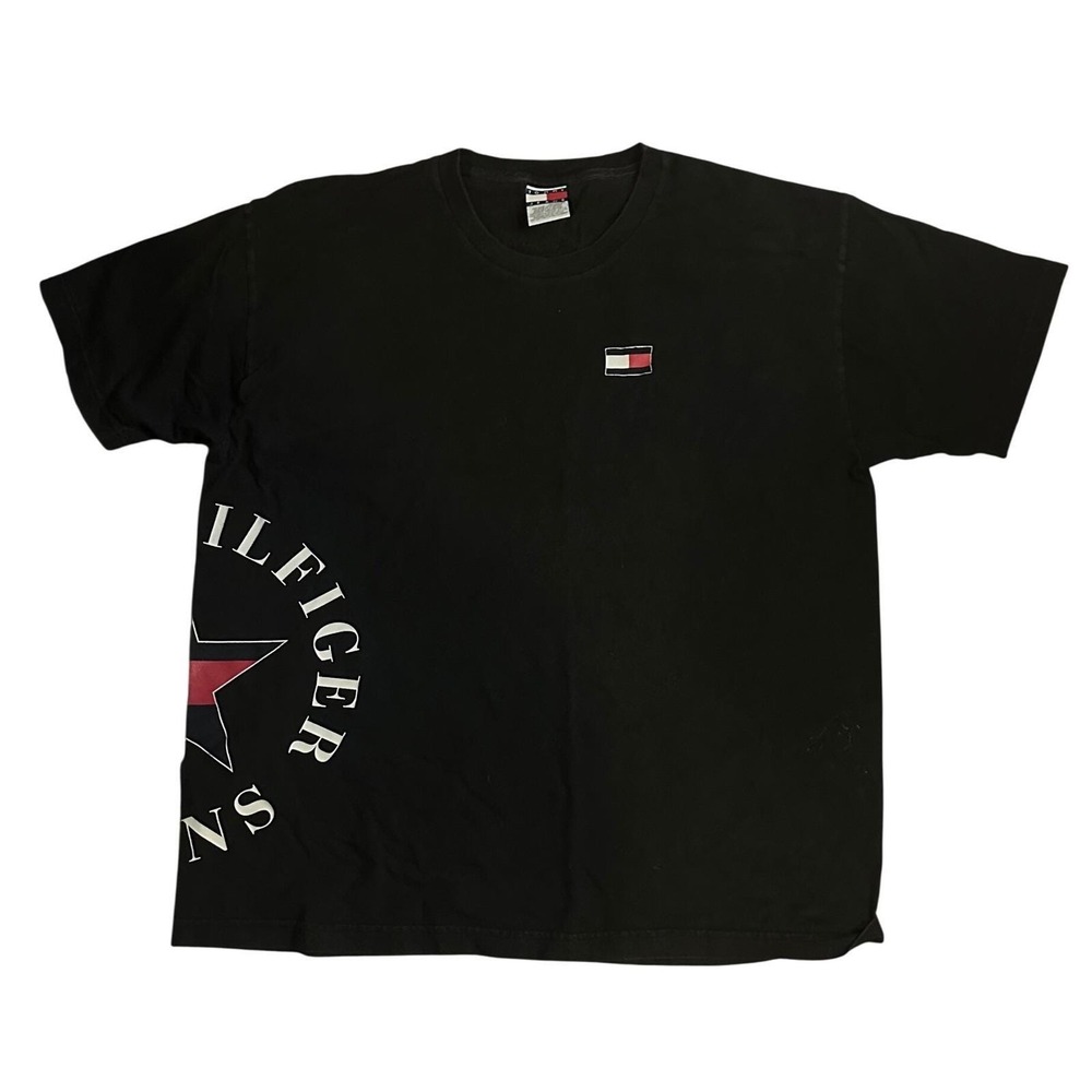 Vintage Tommy Jeans T-Shirt Mens XXL Black Star Side Graphic Flag Logo 90s Tee - Picture 1 of 3